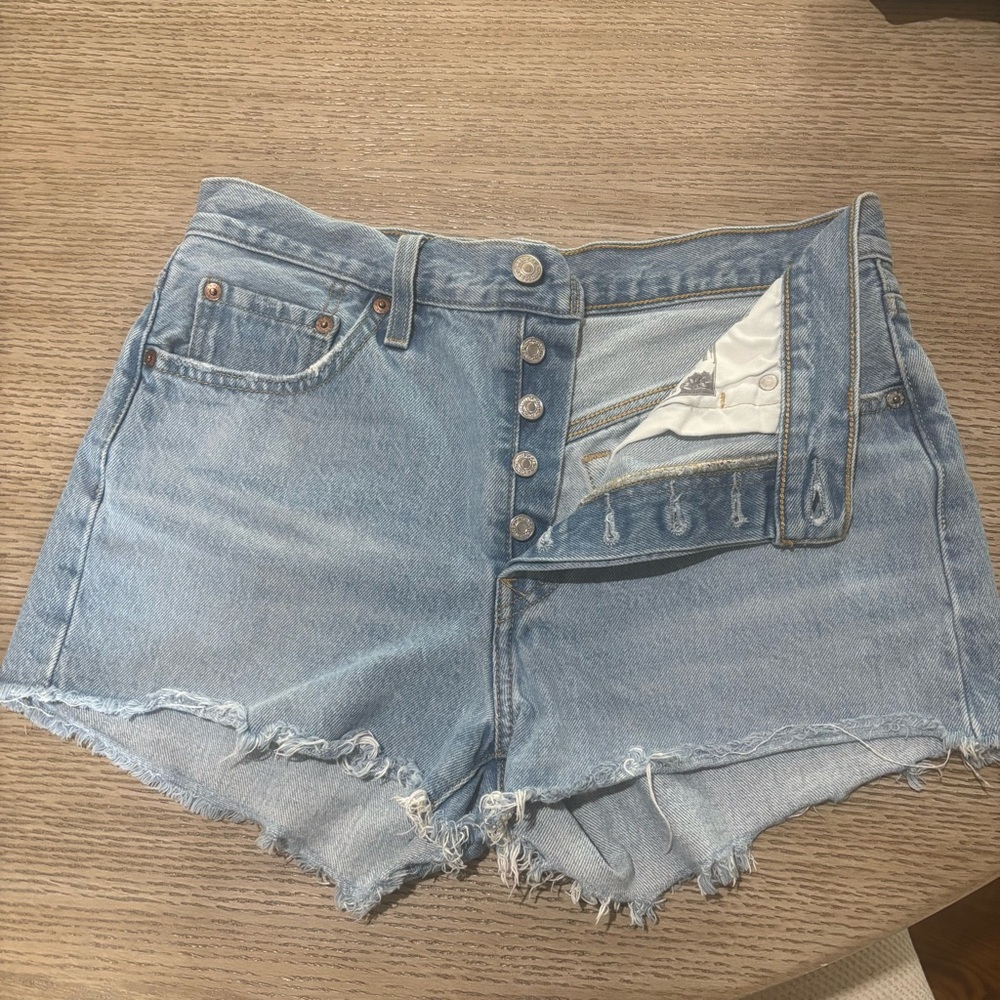 Levi’s 501 Light Blue High-Rise Button-Front Denim Shorts